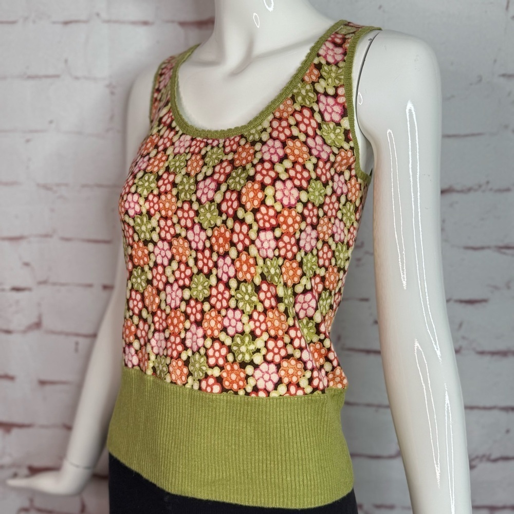 SIGRID OLSEN XS Silk Knit Moss Green Orange Pink Floral Sleeveless Sweater Vest